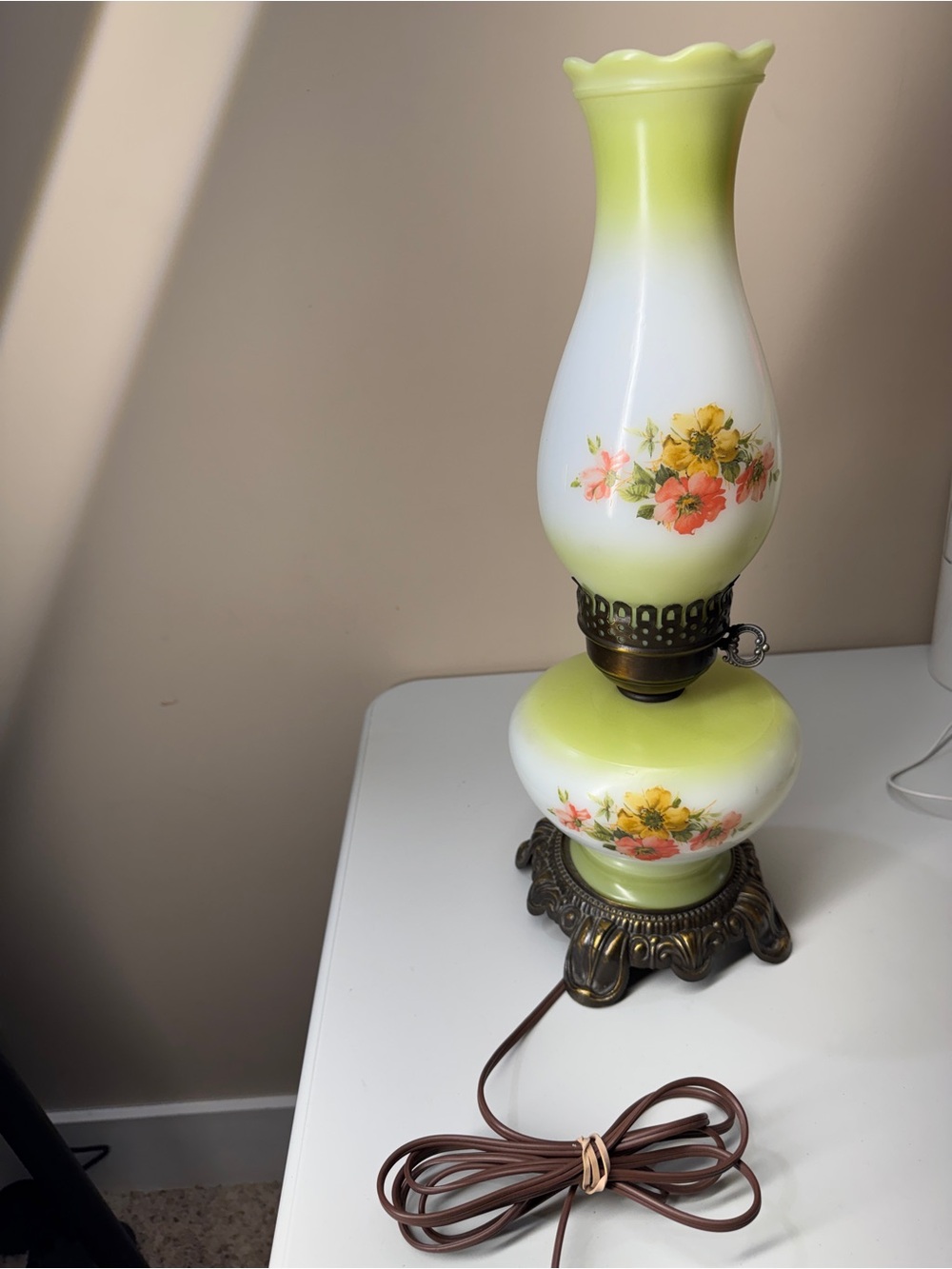 Vintage Floral Green Glass Table Lamp - Home Accents